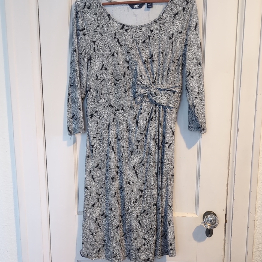 Lands' End Black and White Paisley Long Sleeve Dress
